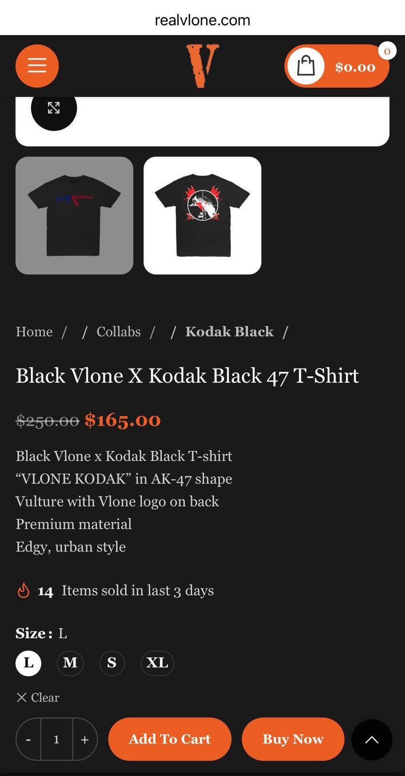 VLONE x Kodak Black Collab T-Shirt Size L Black Rare Graphic Front & Back - Sole Essentials