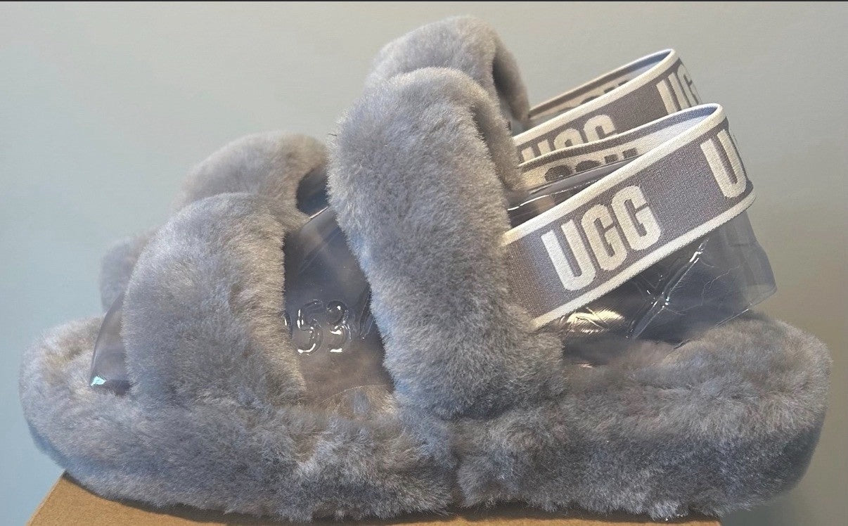 Ugg Oh Yeah Slippers Women’s Size 8 Seal Gray Sheepskin Fuzzy Sandals New In Box - Sole Essentials