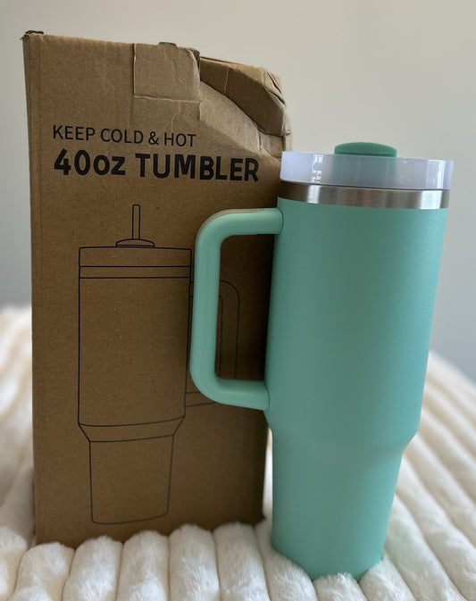 Aquamarine 40oz Tumbler w Handle Straw Lid Stainless Steel Insulated Hot Cold - Sole Essentials