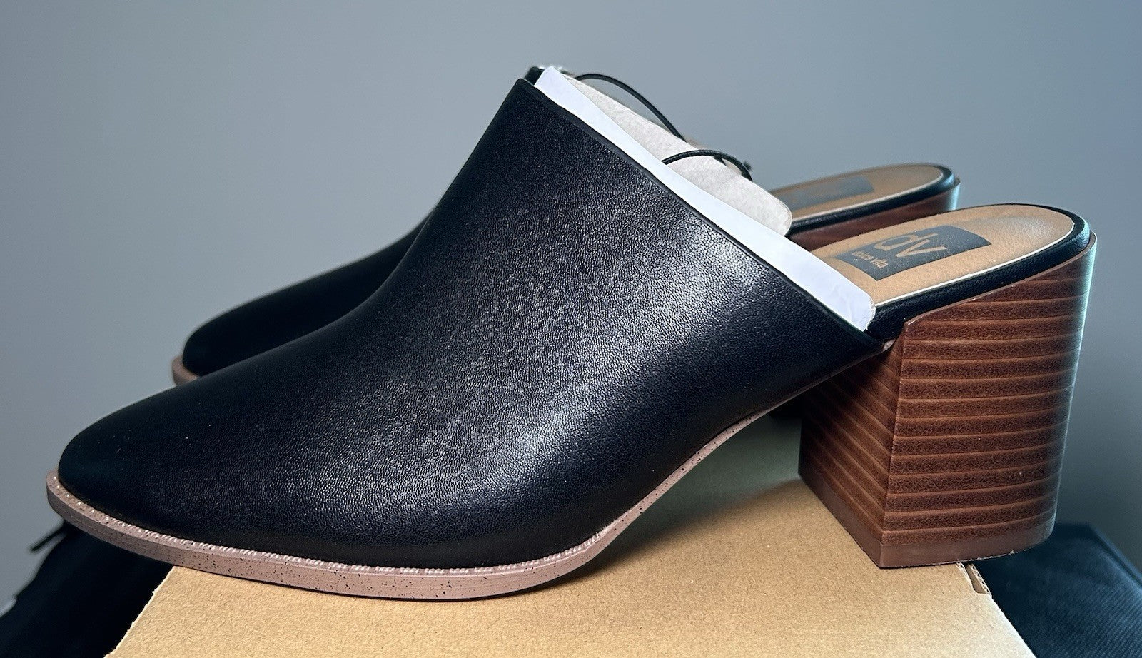 NEW Dolce Vida Black Leather Mules Slip-On Block Heel Women’s Size 9W - Sole Essentials