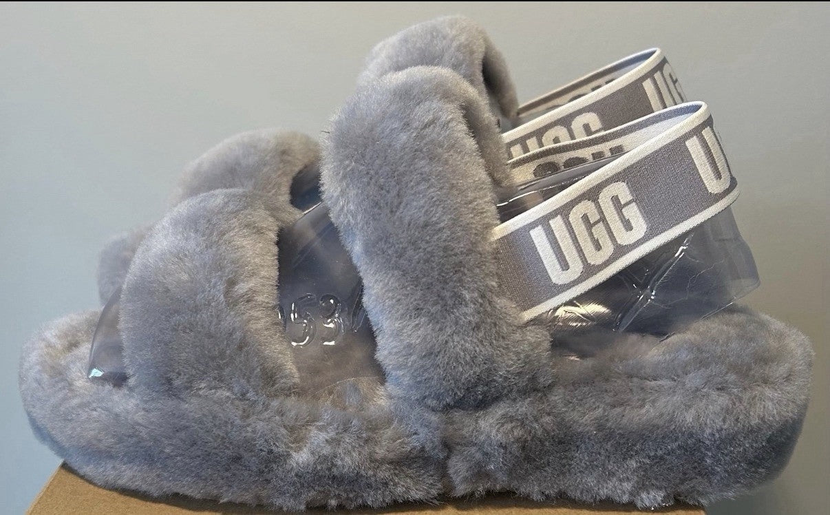 Ugg Oh Yeah Slippers Women’s Size 8 Seal Gray Sheepskin Fuzzy Sandals New In Box - Sole Essentials