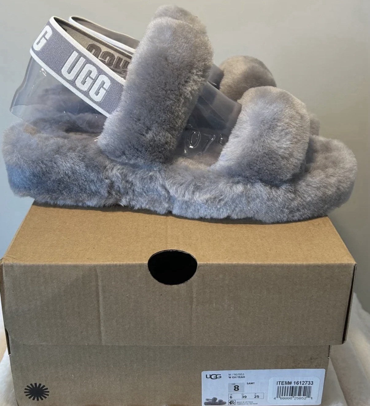 Ugg Oh Yeah Slippers Women’s Size 8 Seal Gray Sheepskin Fuzzy Sandals New In Box - Sole Essentials