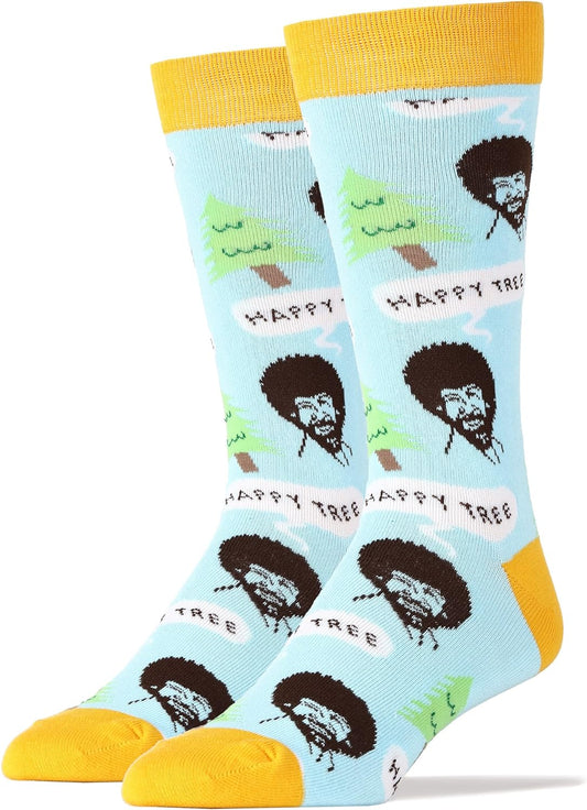 Men'S Bob Ross Novelty Crew Socks, Funny Crazy Socks, Fun Casual Dress Cotton Socks, Painting Bob Ross, Szie 8-13 - Sole Essentials