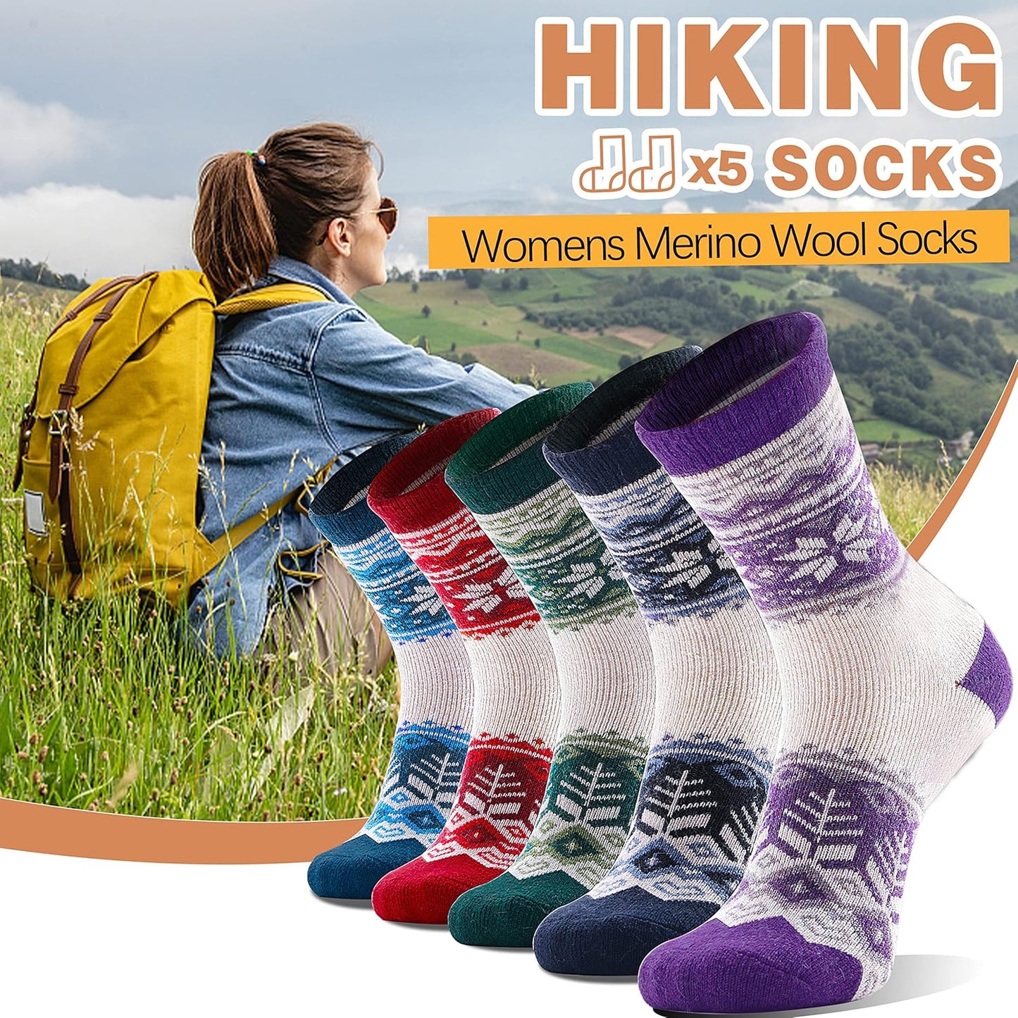 Merino Wool Socks for Women Hiking Thermal Warm Thick Winter Boot Crew Cozy Cabin Work Soft Ladies Socks 5 Pairs - Sole Essentials